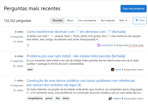 A imagem mostra que a pergunta mais recente do StackOverflow Português foi há 23 horas.