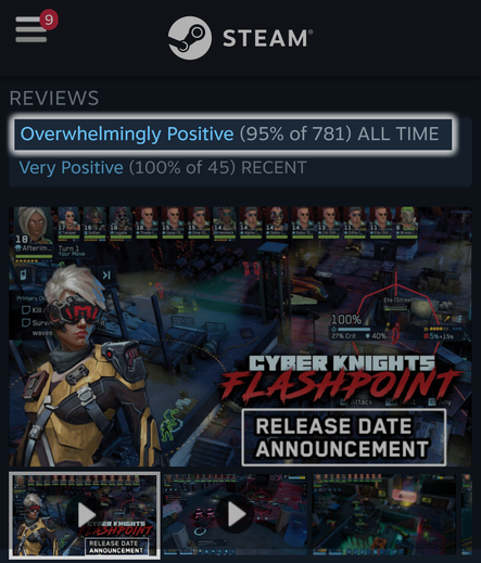Screenshot from Cyber Knights: Flashpoint on Steam. XCOM-like tactical gameplay with a heist-planning strategy layer. "Overwhelmingly Positive" review score - 95% of 781 all-time reviews. 100% of 45 recent reviews.