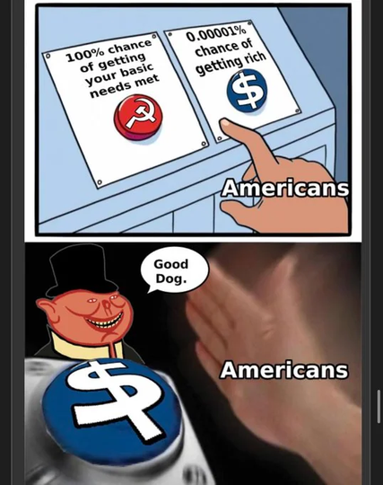 Option 1: 100% chance of getting your basic needs met

Option 2: 0.00001% chance of getting rich

American hand hitting Option 2

Capitalist: Good Dog.