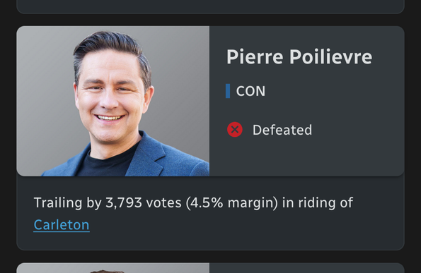 Screenshot of Pierre Poilievre defeated in his riding.