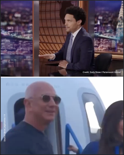 Screenshot of video with Trevor Noah in the upper half of the frame explaining the billionaires' tax evasion and the lower half of the frame showing video clips of the billionaires being disgusting.

Trevor is wearing a suit and necktie, seated at his desk on the Daily Show set.  Reactions from his audience can be heard in the background of the video.