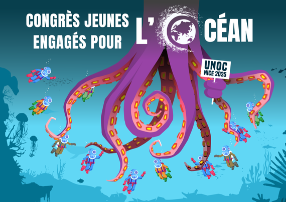 Affiche pour le Congrès Jeunes Engagés pour l'Océan, représentant un poulpe et des scaphandrier sous l'océan. 