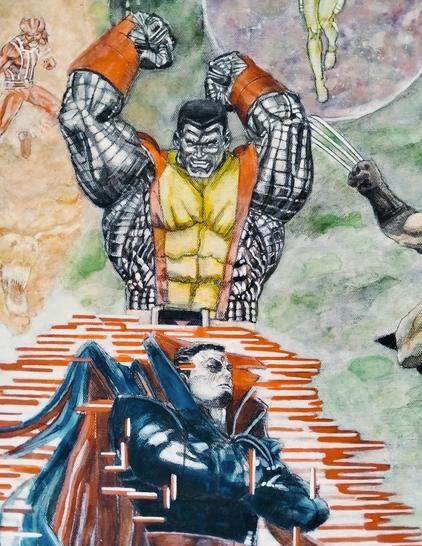 a close-up  of mr. sinister and colossus , about to slam his fists down at him 