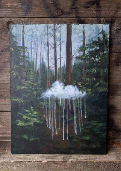 A painting of a forest with a rain cloud in the middle of a path. Paint drips from the cloud like rain. One of the trees in the background has a red mark on the trunk.
