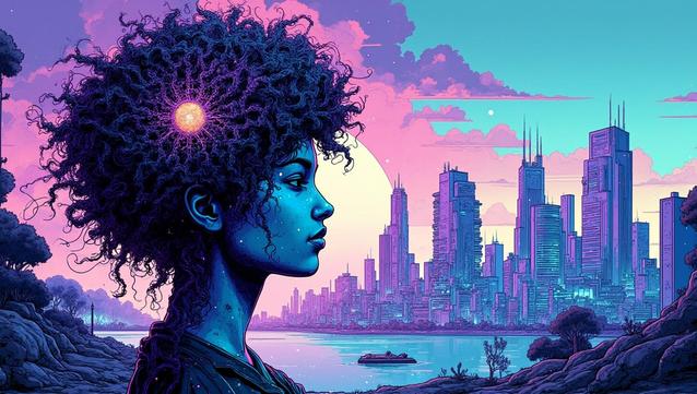 Woman imagining with cityscape behind her