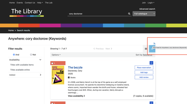 A screenshot of the Gloucestershire Library search page with an RSS logo highlighted