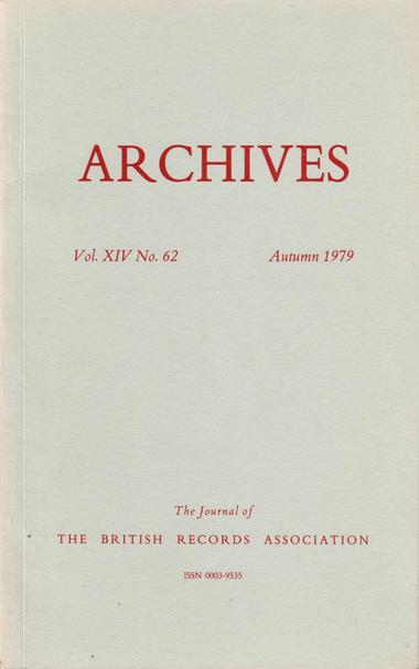 The front cover of Archives: The Journal of the British Records Association No 62 for Autumn 1979. Plain pale grey with title in dark red.