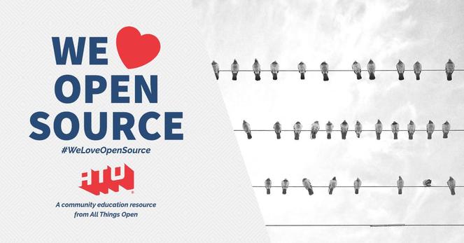 Left side says We Love Open Source. #WeLoveOpenSource. ATO. A community education resource from All Things Open. Right side has birds on three power lines.