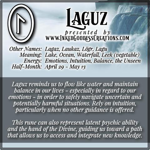 A large misty waterfall in the morning light is in the top right corner of the graphic. The text defines the Norse rune Laguz and its runic half-month, the rune's symbolism and magickal interpretation, and what to expect during this time. Presented by Inked Goddess Creations.