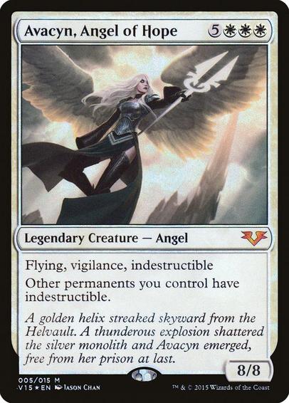 Card Name: Avacyn, Angel of Hope
Set: From the Vault: Angels
Description: Flying, vigilance, indestructible
Other permanents you control have indestructible.
Artist: Jason Chan