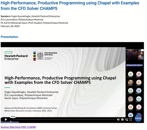 Screenshot of video page showing presentation "High-Performance, Productive Programming using Chapel with Examples from the CFD Solver CHAMPS"