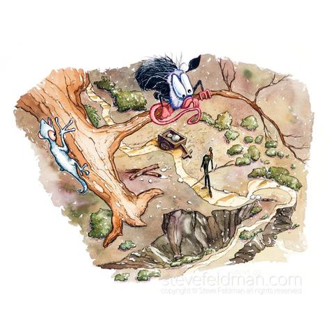 My watercolor painting titled “The Pioneer Soldiers Coming into the Forest to Slay the Infidels” has two frightened creatures hiding up a tree while an authoritative figure in coonskin cap looks menacingly up at them.