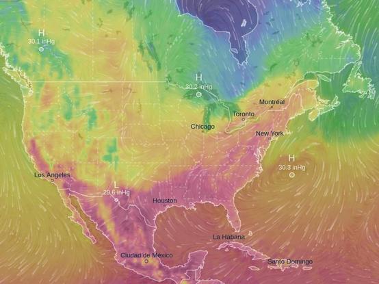 A screenshot of a Ventusky weather map showing part of North America and generally warm temperatures except for parts of Quebec and Ontario Canada that is below freezing.