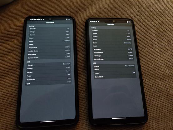 Powersupply app running on OnePlus 6T and OnePlus 6 showing battery voltage, current, and power along with charge tracking statistics.  On the 6T, it shows 1.47Ah as it is recharging.  On the 6, it shows 0.66Ah while discharging at 5.56W, but the capacity shows as 0% which means it has been discharged past what it thinks 0 is and is still running.  Once it shuts off, I will recharge it and hopefully the Full Capacity will be updated.