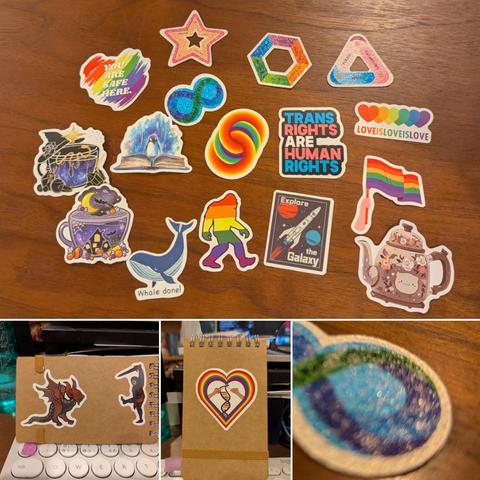 A selection of stickers, including many queer ones