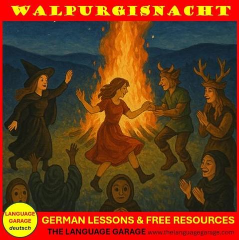 Learn about Germany's Walpurgisnacht, image of revelers dancing around a bonfire in costumes and masks