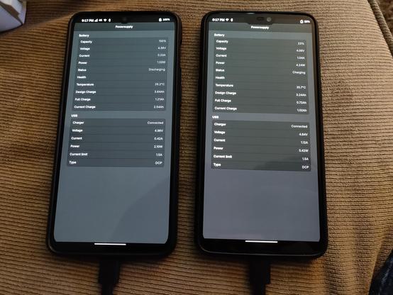 OnePlus 6T on the left shows capacity of 1.2Ah and that it is Discharging at 100% capacity, but power/current is positive which means power is still going into the battery.  The capacity is slowly continuing to increase.