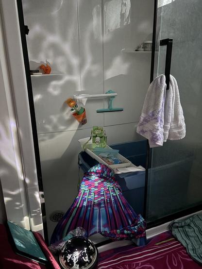 Peak at home mermaid spa setup because I have a shower instead of a bathtub 