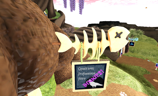 A sign reading "Ghostraven Professional Attire: Dinkies!" hangs from a bracket shaped like the bones of a fish. Another similar arrangement can be seen in the distance.