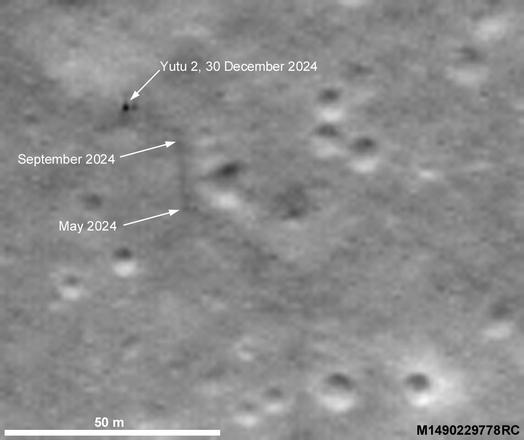 An LRO image of China's rover Yutu 2 taken on 30 December 2024 and just released. The rover is a black dot - really just its shadow. Tracks are faintly visible and two earlier positions are marked. Yutu 2 is moving very slowly, about 5 m per lunar day. Perhaps it is wearing out or its moving parts are clogged with abrasive dust. 