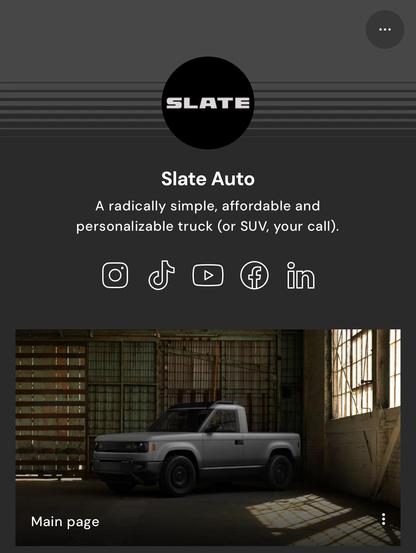 Slate Auto linktree page with icons for Instagram, TikTok, YouTube, Facebook, and LinkedIn. 