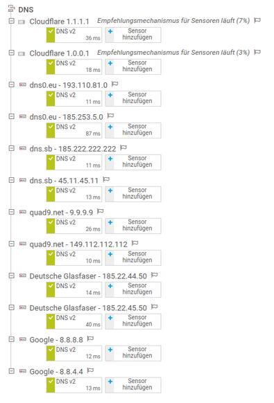 Tabelle mit den IP Adressen der DNS Server des ausgewählten DNS Provider. Screenshot aus dem Monitoring.