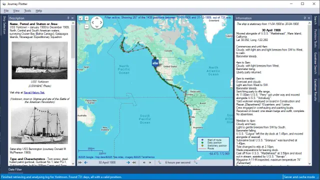 Screenshot of Journey Plotter showing the 1908-1909 journey of USS Yorktown, and the events recorded in her log-book for 30 April 1908.