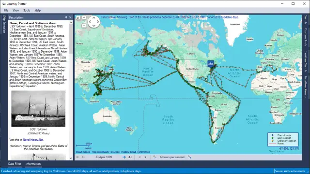 Screenshot of Journey Plotter showing the 1889-1909 journey of USS Yorktown.
