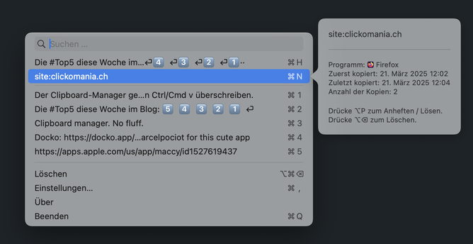 Screenshot des Clipboard-Managers Maccy.