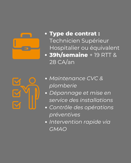 Fond gris avec pictogrammes orange. Texte : type de contrat (Technicien Supérieur Hospitalier), 39h/sem + 19 RTT & 28 CA/an, missions principales : maintenance, dépannage, contrôle préventif, GMAO.