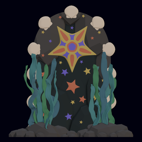 A stylised low poly orthographic scene showing a large range, blue and red starfish surrounded by smaller single coloured starfish of varying sizes. The scene is framed on the left and right by seaweed, and across the top in an arch by scallop shells. Small rocks spread out along the ground in the foreground, and the background appears to also be a wall of rocks, limited to that same arch shape