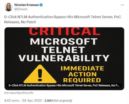 🚨 Legacy Windows Servers are exposed to a critical 0-click NTLM authentication bypass vulnerability via Telnet! 🛑 Are your systems at risk? Find out how this deadly flaw could compromise your security. #WindowsServer #CyberSecurity #Telnet #NTLM #TechRisk