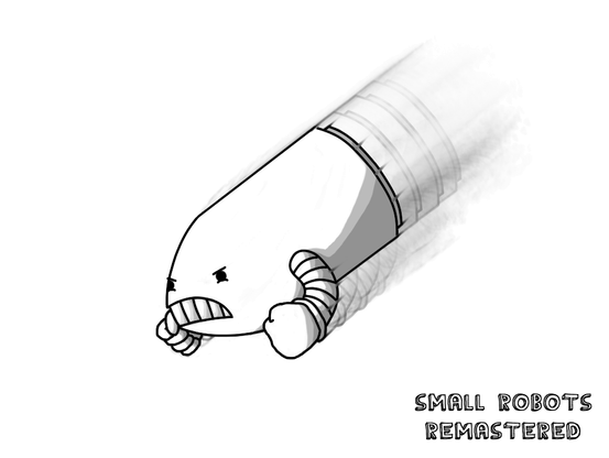 A robot shaped like a bullet with banded arms, hurtling diagonally downwards with fists clenched and a furious expression on its face.