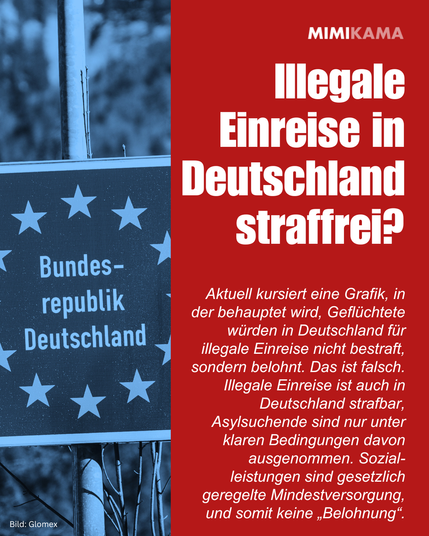 Illegale Einreise in Deutschland straffrei? Aktuell kursiert eine Grafik, in der behauptet wird, Geflüchtete würden in Deutschland für illegale Einreise nicht bestraft, sondern belohnt. Das ist falsch. Illegale Einreise ist auch in Deutschland strafbar, Asylsuchende sind nur unter klaren Bedingungen davon ausgenommen. Sozialleistungen sind gesetzlich geregelte Mindestversorgung, und somit keine „Belohnung“.