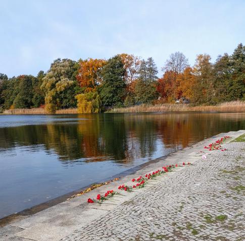 Am Ufer am See an der Gedenkstätte Ravensbrück liegen noch die abgelegten rote Rosen.
Am seitlichen Ufer sind Bäume zu sehen, der See fast still und der Uferrand gepflastert.