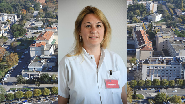 Portrait de la Pr Anne-Laure Couderc en blouse blanche de médecin, au centre d’un montage visuel encadré à gauche et à droite par des vues aériennes de l’Hôpital Sainte-Marguerite à Marseille.