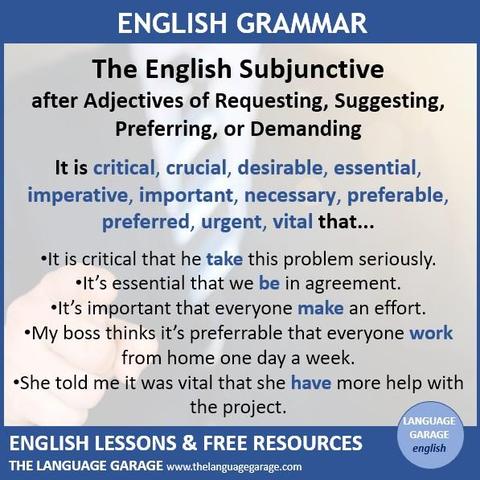 English grammar note on using the subjunctive after certain adjectives, image of a man in a suit pointing at the camera in a demanding manner