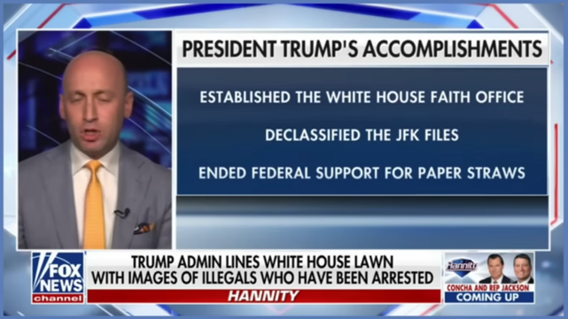 Trump's greatest accomplishments in his first 100 days?

4. Established a White House office of "Faith" (so the government can impose religion... a CLEAR violation of The Establishment Clause... upon public & private agencies.)

5. Declassified the (already declassified) JFK files (only now with the private Social Security numbers of hundreds of still living investigators visible.)

6. Banned paper straws (Seriously? One of his Top seven 100 Day achievements?)