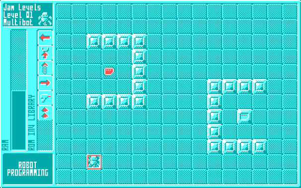 Multibot is shown on the Robot Programming screen, beginning the first of the JAM levels. The panel just four RAM slots available. The inventory box is shaded, indicating that Multibot can't carry items, and the ROM is shaded to show that no action is permanently available; the player must choose Multibot's actions from what's currently available in the Library.