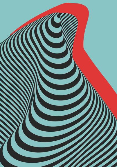 Illustration artistique abstraite du visuel Cinéthique. Formes ondulées noires et turquoise en spirale sur fond bleu clair, traversées par une bande rouge fluide. Visuel sans texte, utilisé comme accroche graphique pour l’événement.