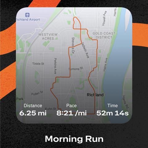 A map showing a 6.25 mile run in 52:14