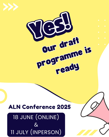 A pink megaphone with the text Yes our draft programme is ready on a yellow background