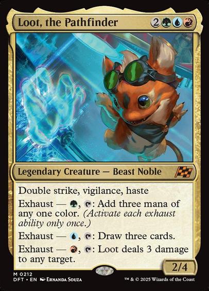 Card Name: Loot, the Pathfinder
Set: Aetherdrift
Description: Double strike, vigilance, haste
Exhaust — {G}, {T}: Add three mana of any one color. (Activate each exhaust ability only once.)
Exhaust — {U}, {T}: Draw three cards.
Exhaust — {R}, {T}: Loot deals 3 damage to any target.
Artist: Ernanda Souza