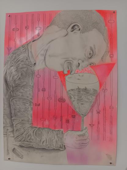 Un dessin représentant un personnage plongeant son visage dans un verre à vin au contenant tumultueux.
