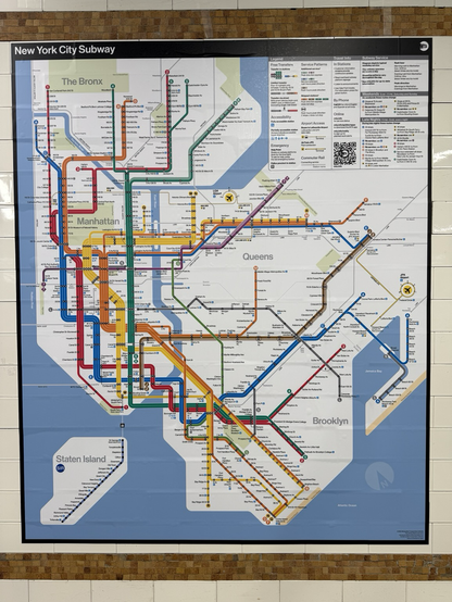 New design for the MTA subway map—broader, more colorful lines, deeper blue for water, on top of white (land) background 