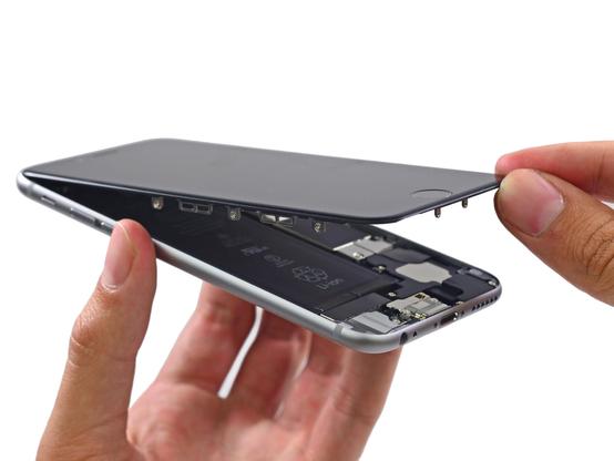 iFixit guide photo of an iPhone 6 display removal on a white background. The image shows someone's left hand holding an iPhone 6, while their right hand is lifting its display from the bottom-right corner, exposing the phone's internals.