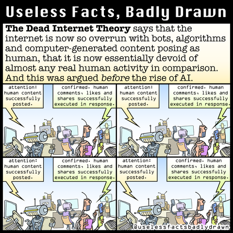 The Dead Internet Theory says that the internet is now so overrun with bots, algorithms and computer-generated content posing as human, that it is now essentially devoid of almost any real human activity in comparison.
And this was argued before the rise of Al.