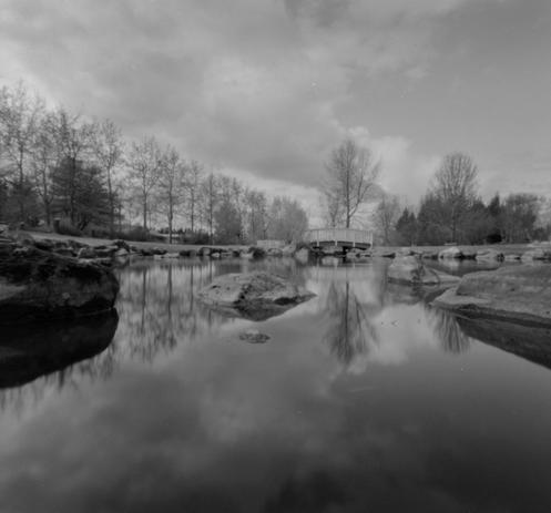 Black and white picture showing trees and a small bridge. A perfectly still tarn reflects the scene. Shot with a pinhole camera.