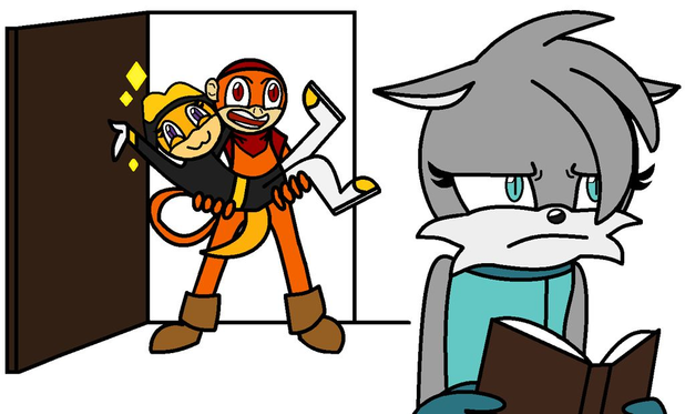 A draw the squad with Sonic Fan Characters - a grey chinchilla holding a book, looking annoyed as an orange monkey holds a yellow gecko and slamming through the door.