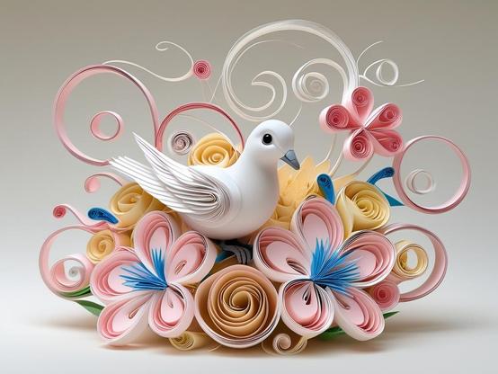 ②«#aiart Generated by LeonardoDiffusion »
A lush, highly detailed 3D render of a delicate paper quilling art piece, showcasing a peaceful dove perched amidst intricate, swirling designs of an azalea flower, with thin, wispy paper tendrils curlycueing outward in every direction, against a soft, creamy white backdrop, bursting with an excited, vibrant color palette of pastel pinks, blues, and yellows, with an exaggerated, whimsical aesthetic, evoking a sense of wonder and magic, crafted using advanced 3D modeling software such as Unreal Engine, Octane Engine, or Vray, with a level of realism and texture reminiscent of Pixar animation, and a subtle sense of movement, as if the dove is about to take flight from its paper nest.